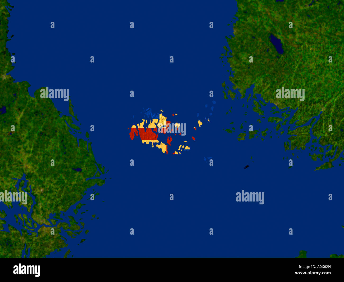 Satellite Image of Aland Islands covered by the Region's Flag Stock Photo