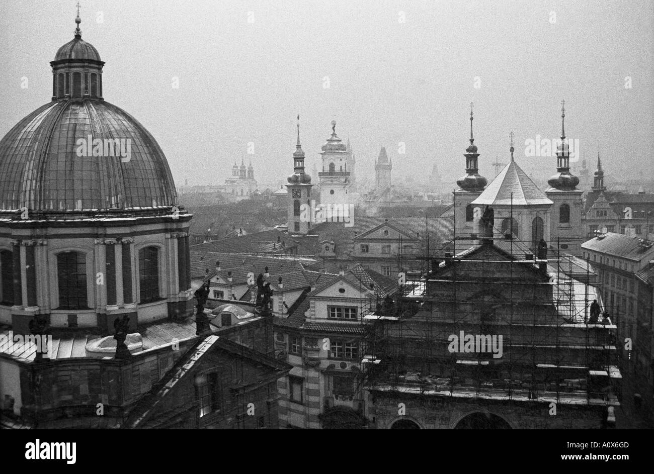 CZECH REPUBLIC PRAGUE City rooftops of old town in winter rain Stock Photo