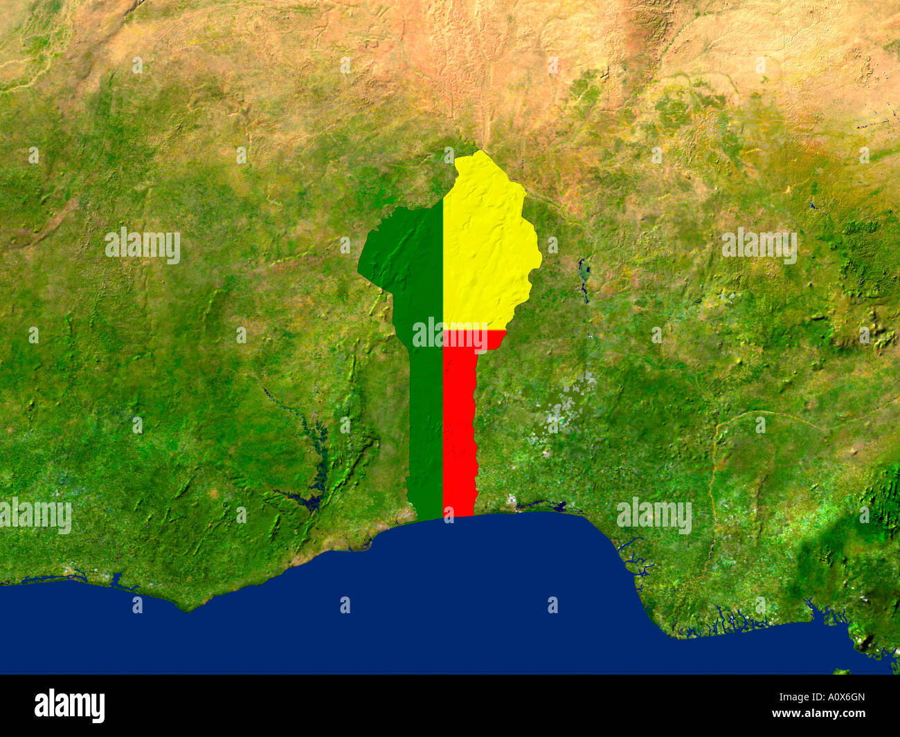 Satellite Image of Benin covered by that Country's Flag Stock Photo