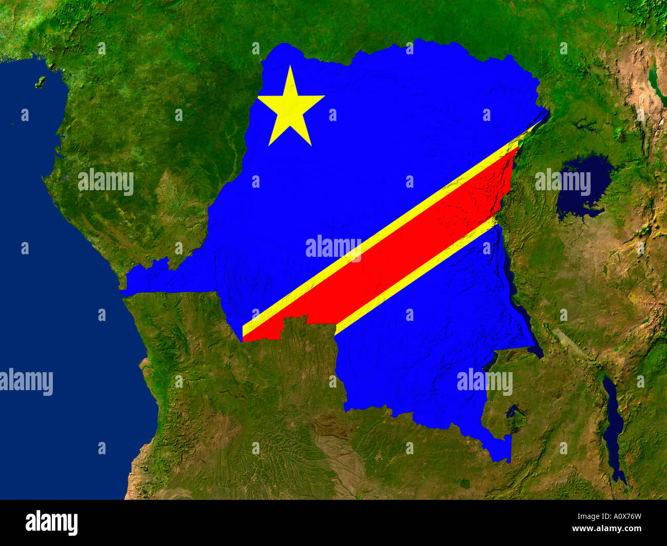 Satellite Image of The Democratic Republic Of The Congo covered by that Country's Flag Stock Photo