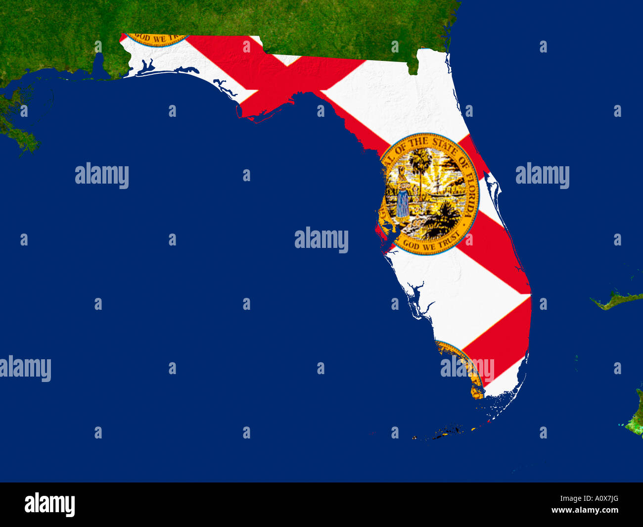 Satellite Image of the State of Florida USA covered by the State Flag Stock Photo