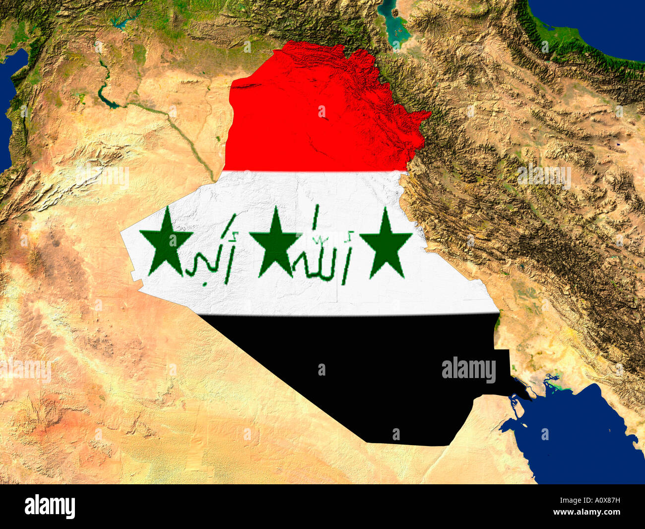 Satellite Image of Iraq covered by that Country's Flag Stock Photo