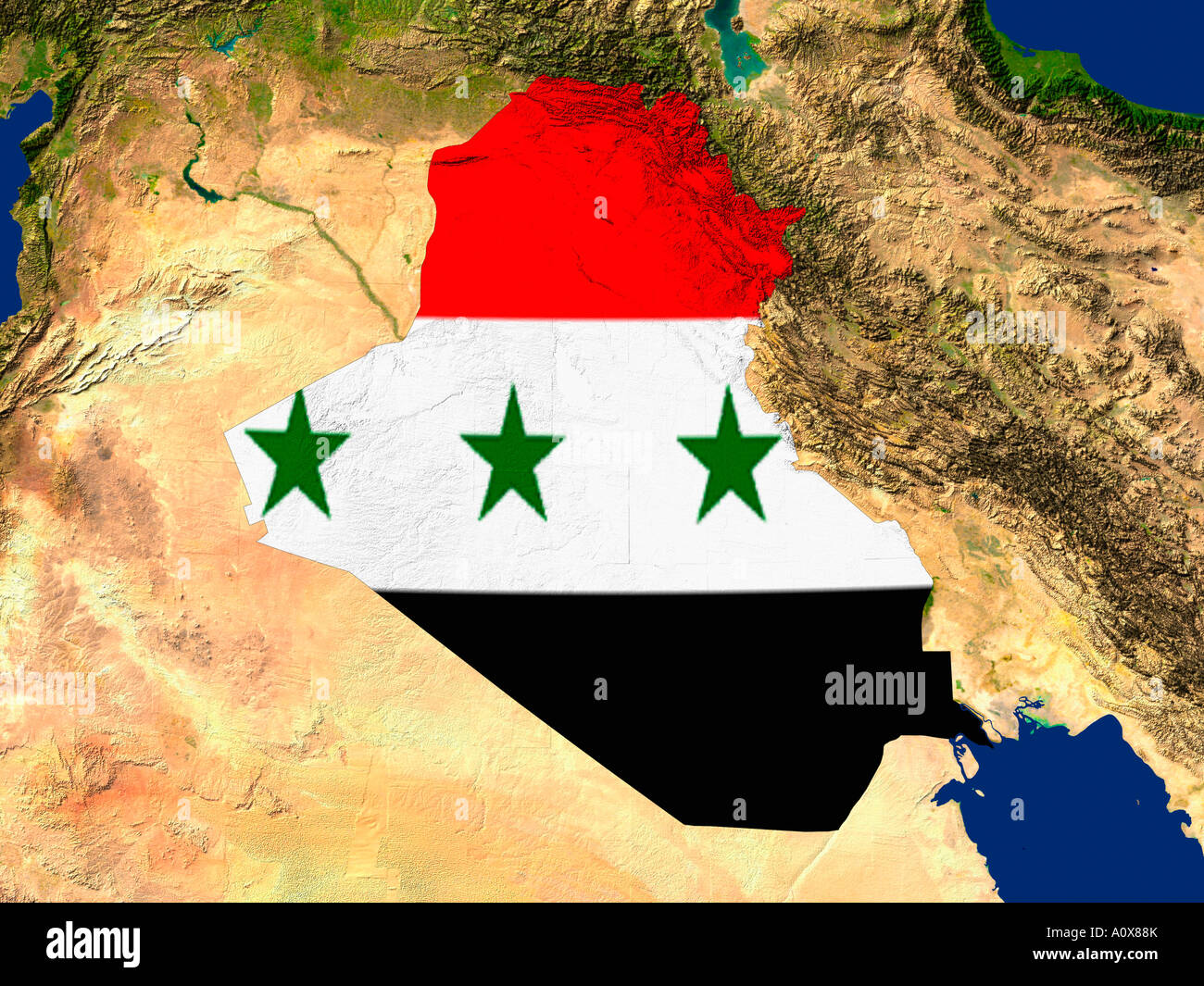 Satellite Image of Iraq covered by that Country's Flag (Pre Gulf War} Stock Photo
