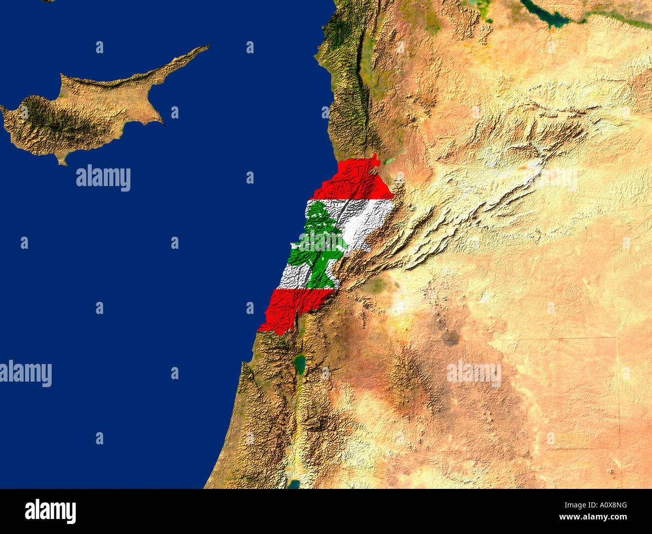 Satellite Image of Lebanon covered by that Country's Flag Stock Photo