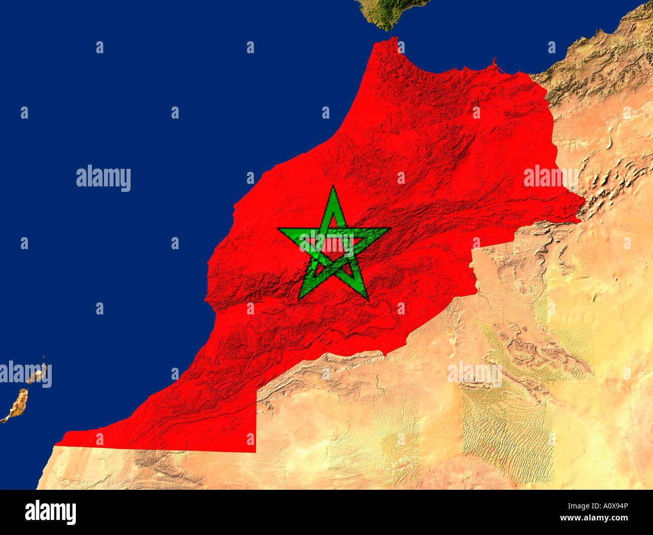 Satellite Image of Morocco covered by that Country's Flag Stock Photo