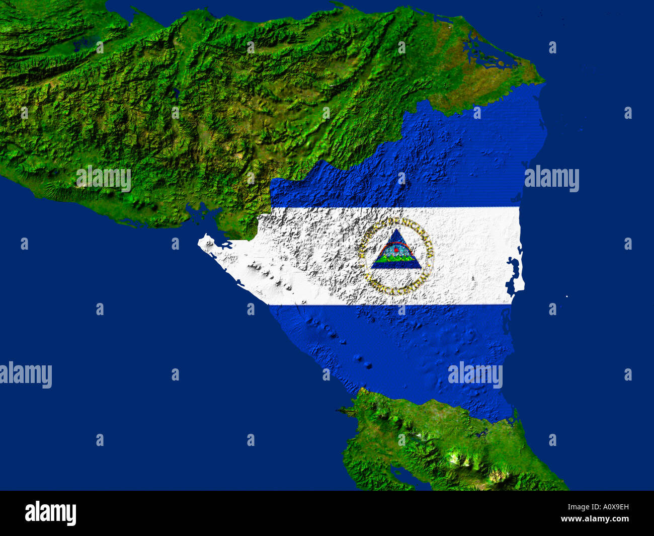 Satellite Image Of Nicaragua Covered By That Country's Flag Stock Photo ...