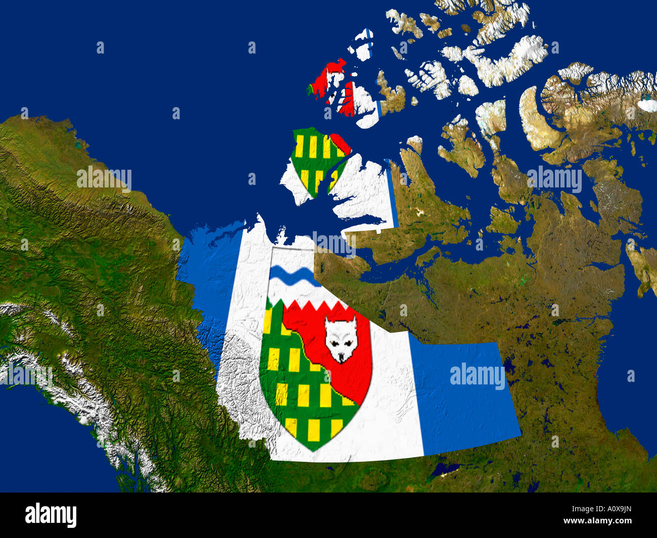 Satellite Image of North West Territories, Canada covered by the Territory's Flag Stock Photo