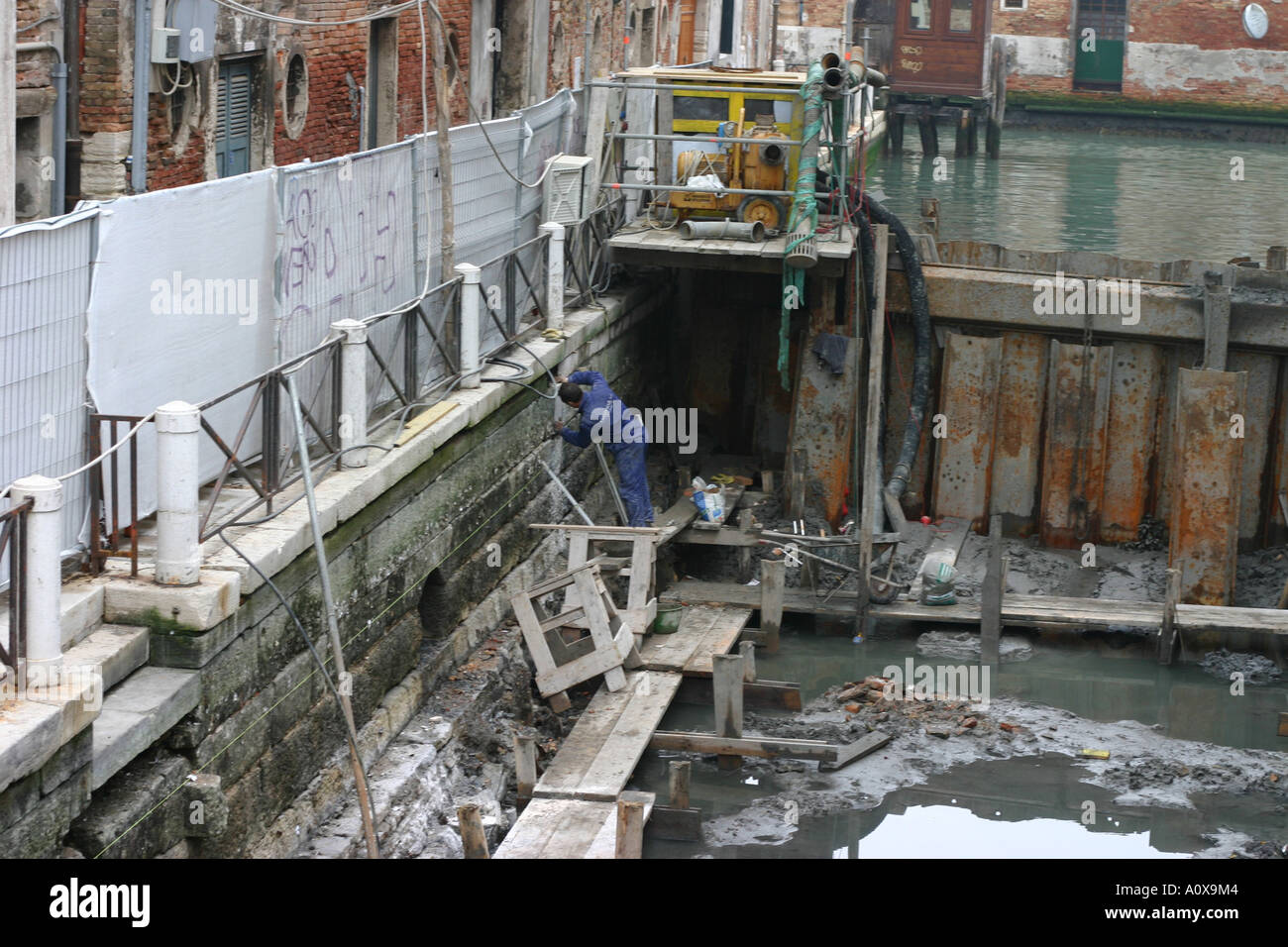Venice Italy canal being dredged to work on the city's foundations
