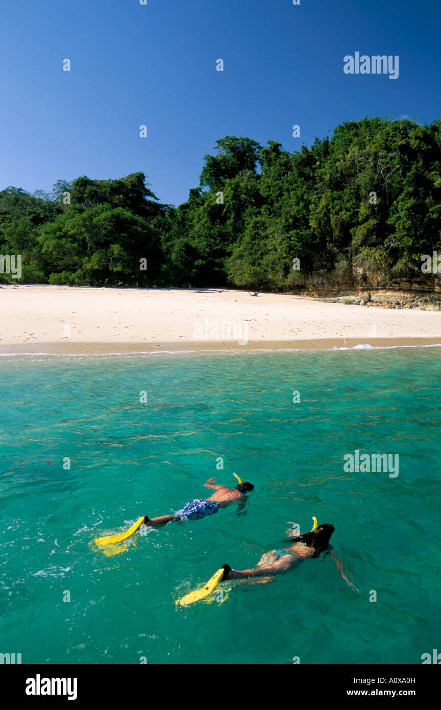 Couple snorkelling Chapera island Contadora Las Perlas archipelago Panama Central America Stock Photo