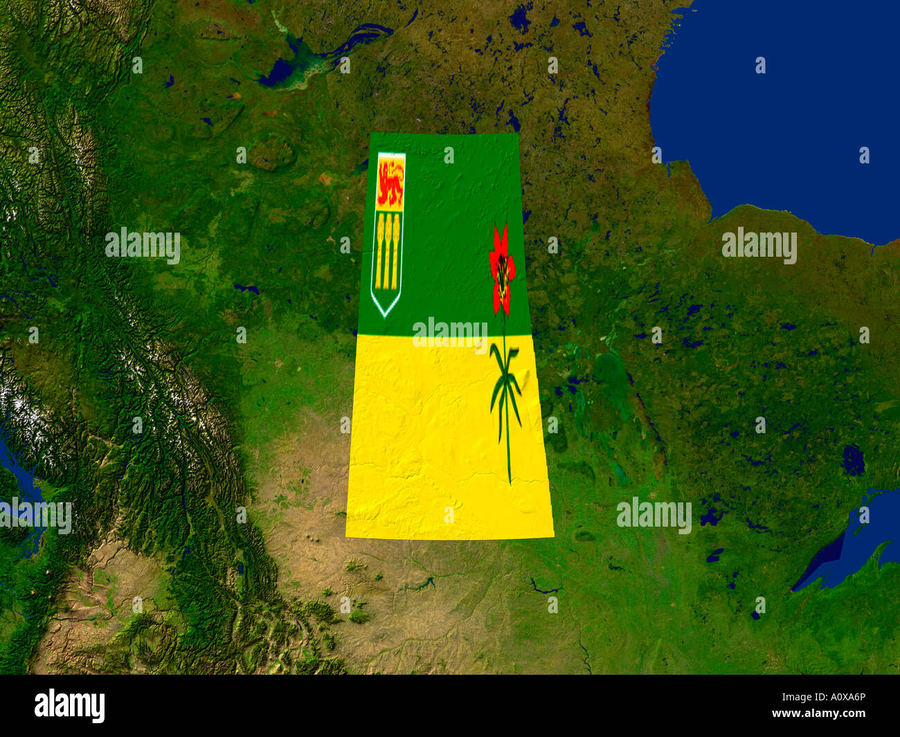 Satellite Map Of Saskatchewan Satellite Image Of Saskatchewan Covered By The Region's Flag Stock Photo -  Alamy