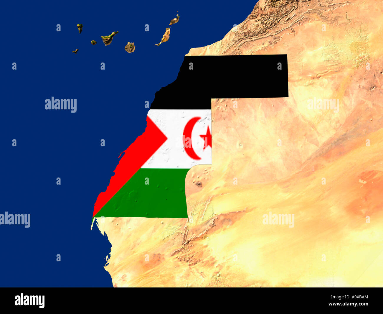 Satellite Image Of Western Sahara covered by that Country's Flag Stock Photo