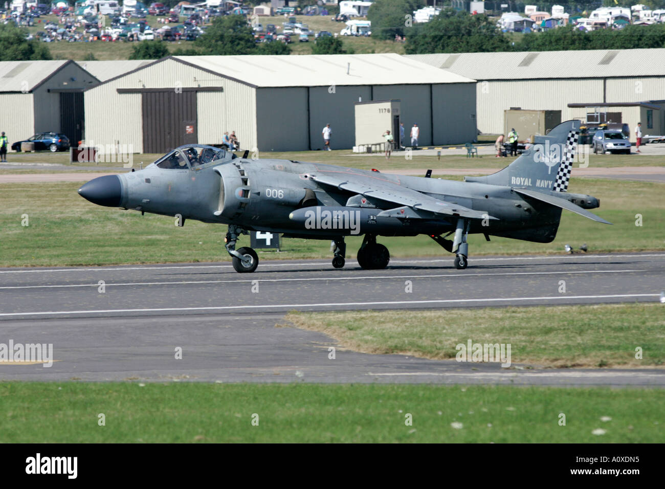 Royal Navy Sea Harrier FA2 T8 lands on runway at RIAT 2005 RAF Fairford Gloucestershire England UK Stock Photo