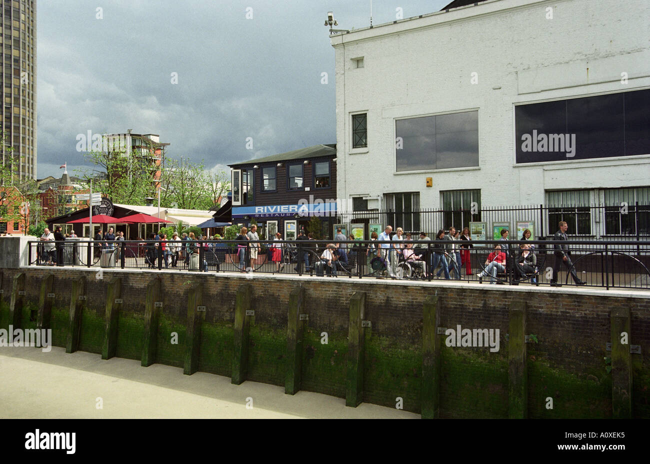 United Kingdom, England, London. Shops bars and restaurants at Gabriel s Wharf on the South Bank of River Thames Stock Photo
