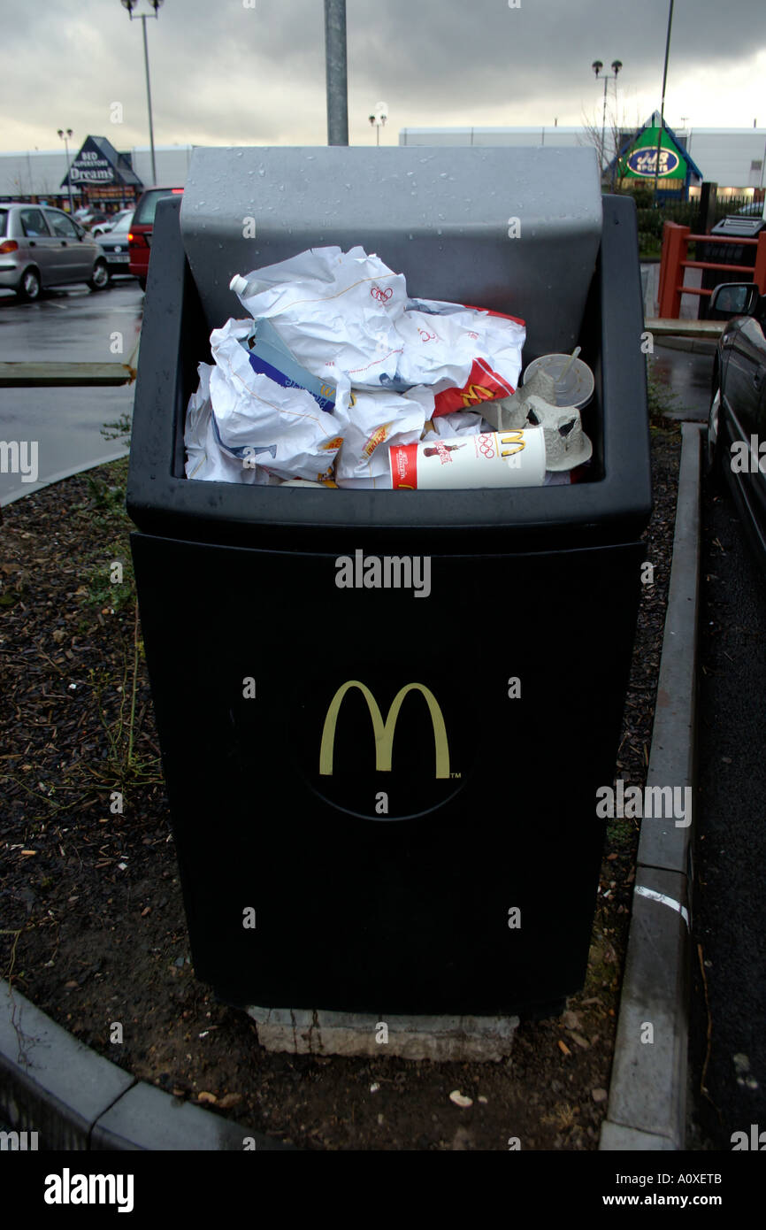 An overflowing MacDonalds Litter bin Stock Photo