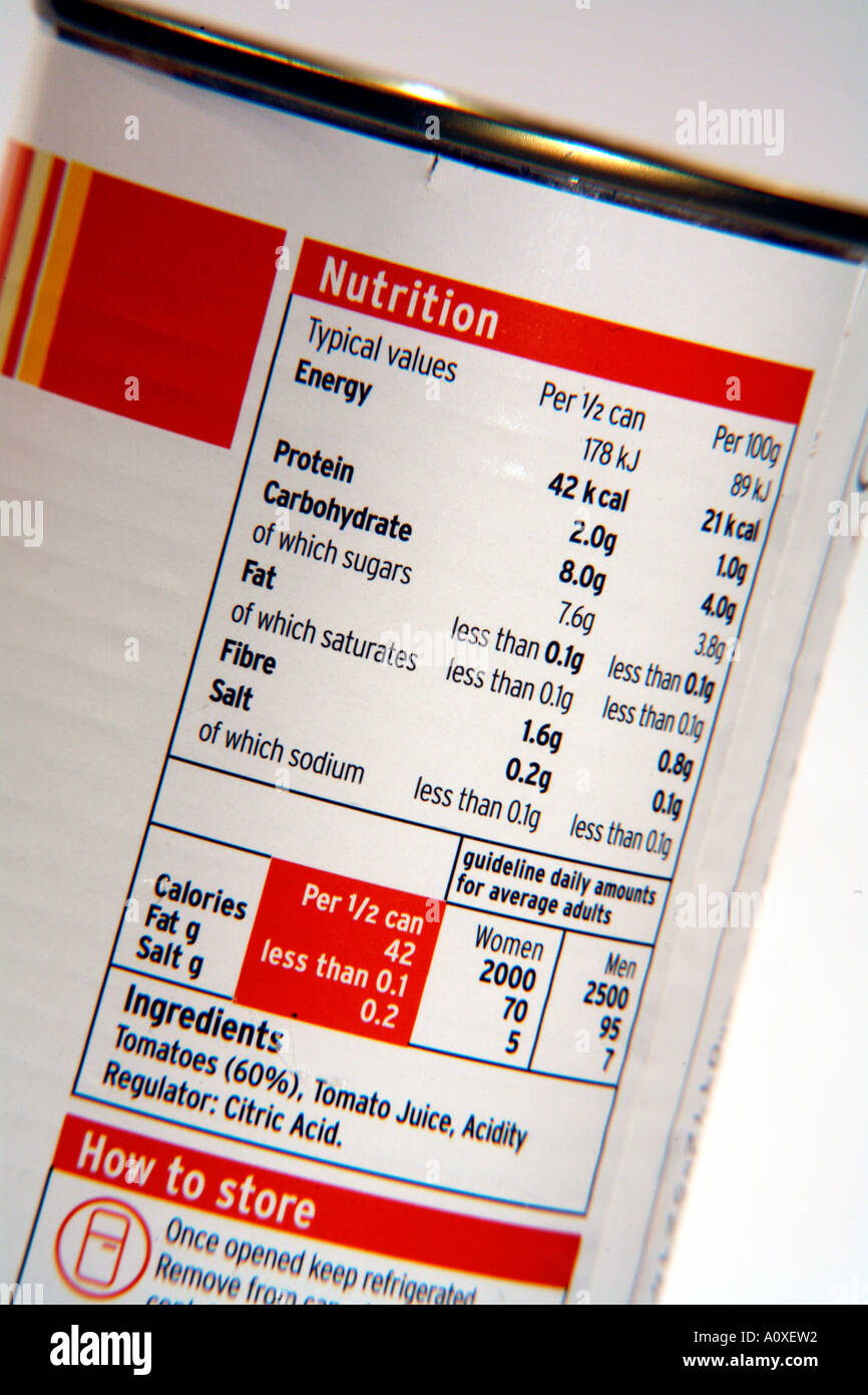 Nutritional Information on label of tinned tomatoes Stock Photo Alamy