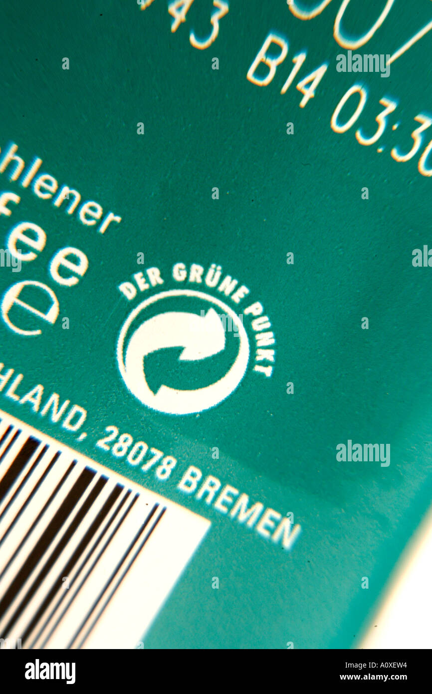 Der Grune Punkt symbol on packet of German Coffee Stock Photo