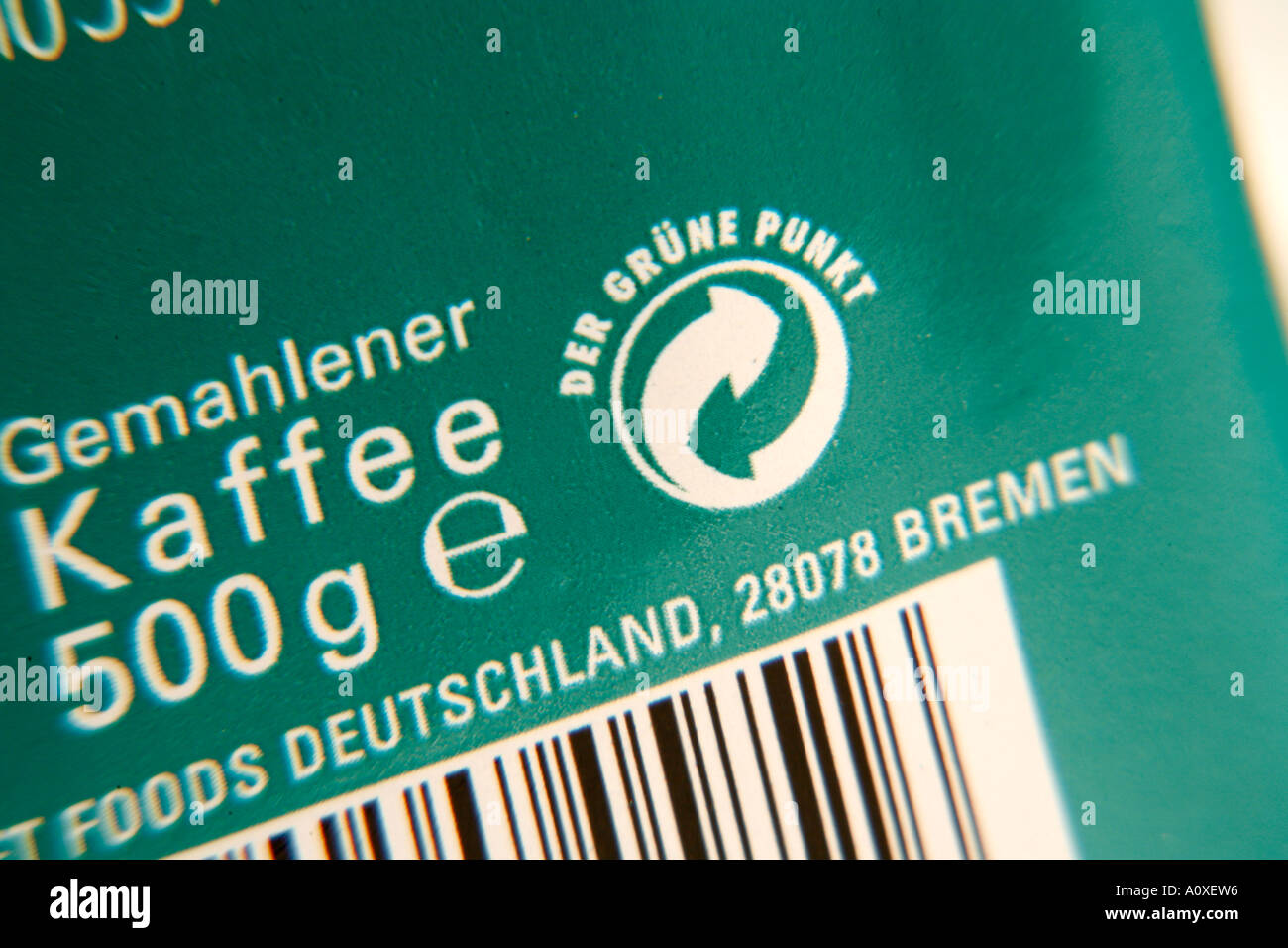 Der Grune Punkt symbol on packet of German Coffee Stock Photo