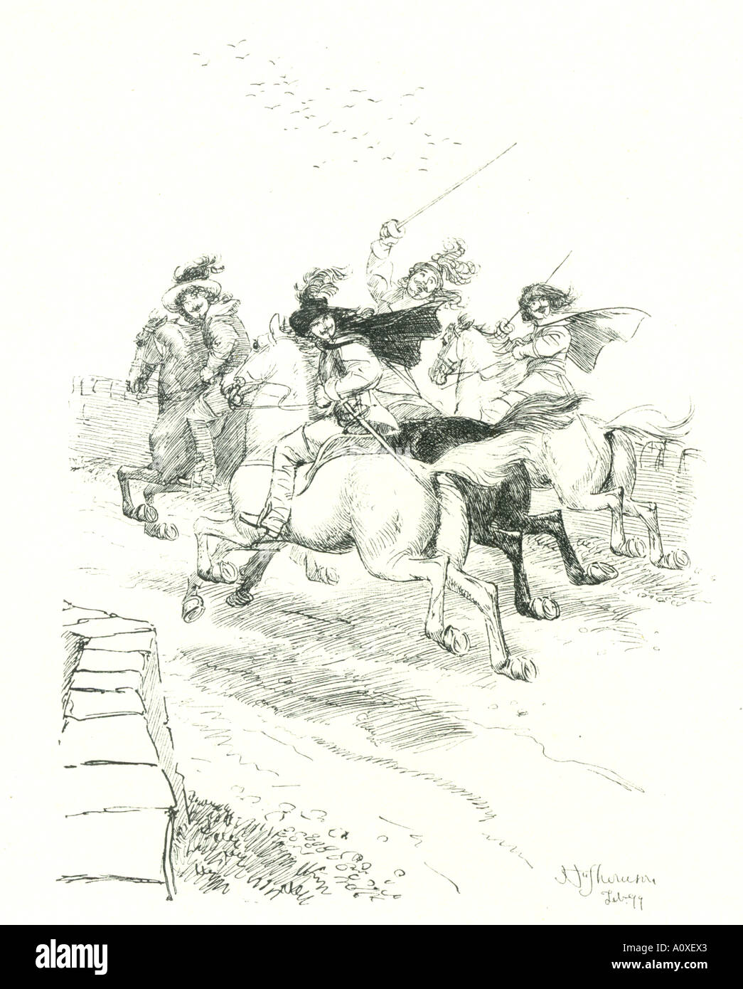 Line drawing by Hugh Thomson 1860 1920 depicting the Royalists retreating after attempting to kidnap General Rainsborough Stock Photo