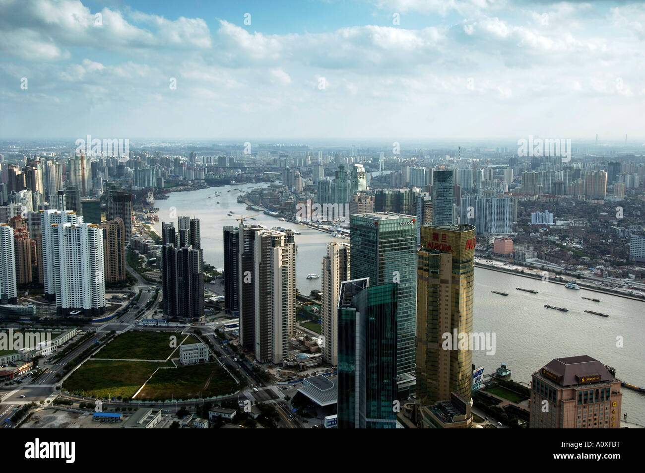 View from the Oriental Pearl Tower with the river Huangpu in the foreground, Shanghai, China Stock Photo