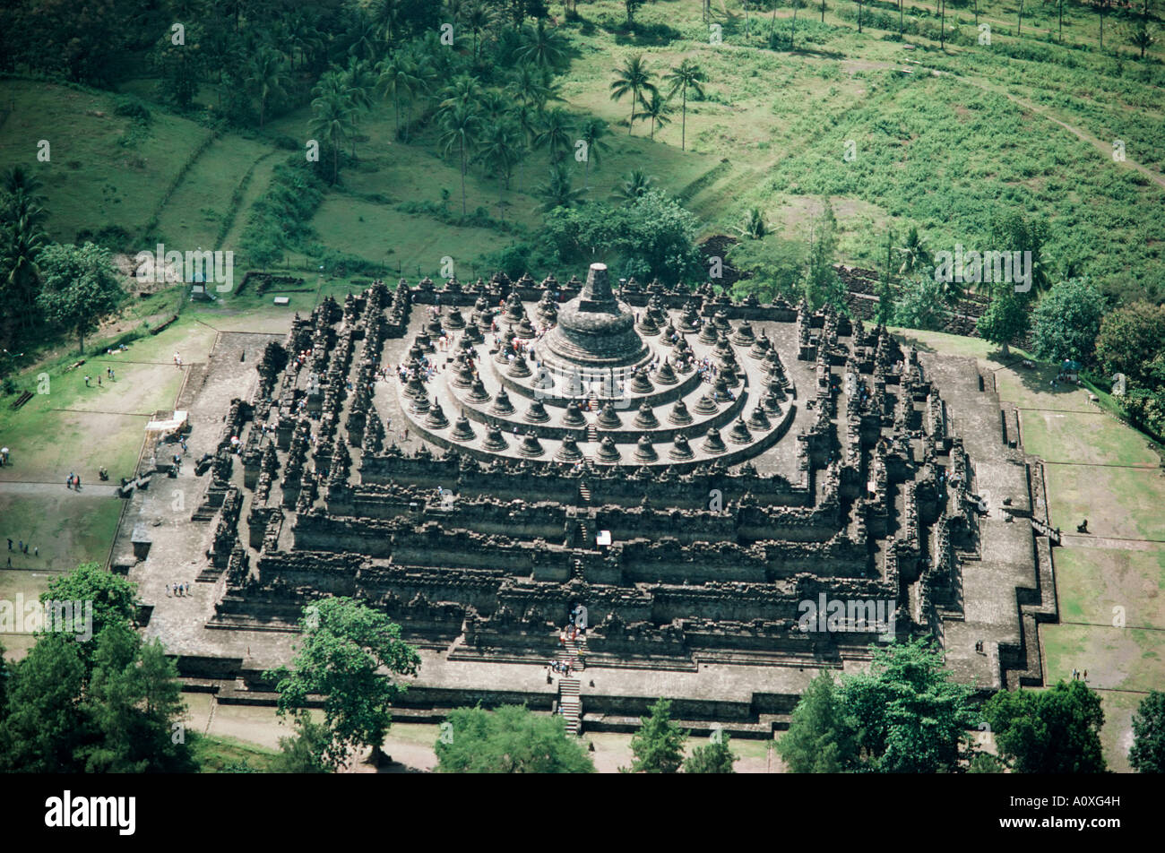 Aerial of Buddhist site of Borobudur UNESCO World Heritage Site Java
