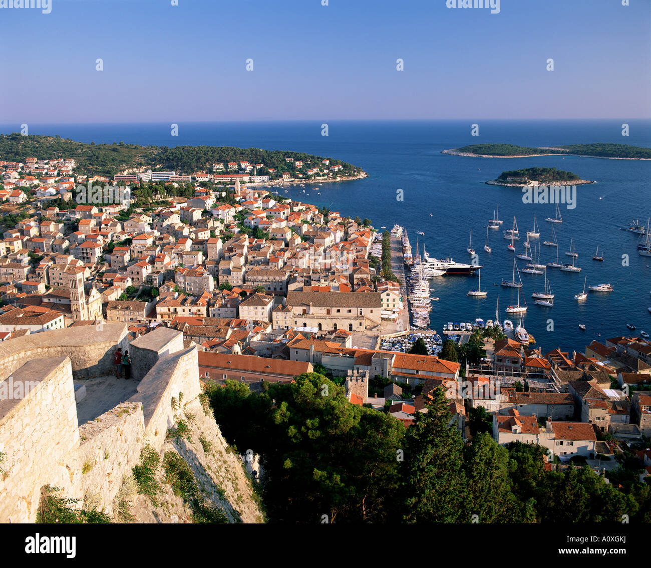 Elevated view of town and harbour Hvar Town Hvar Island Dalmatia ...