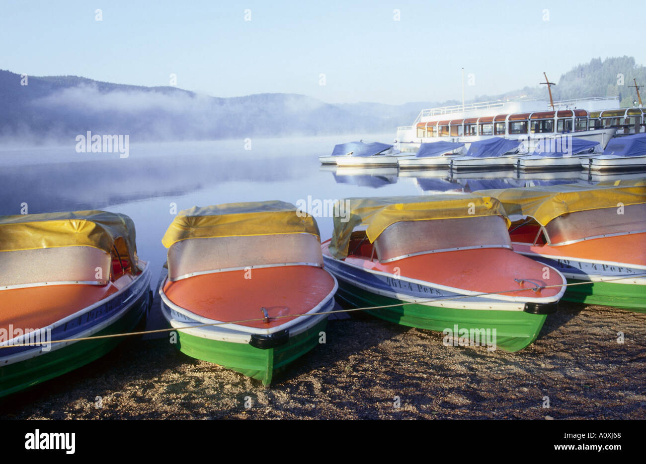 Boats at harbor, Titi Lake, Black Forest, Germany Stock Photo