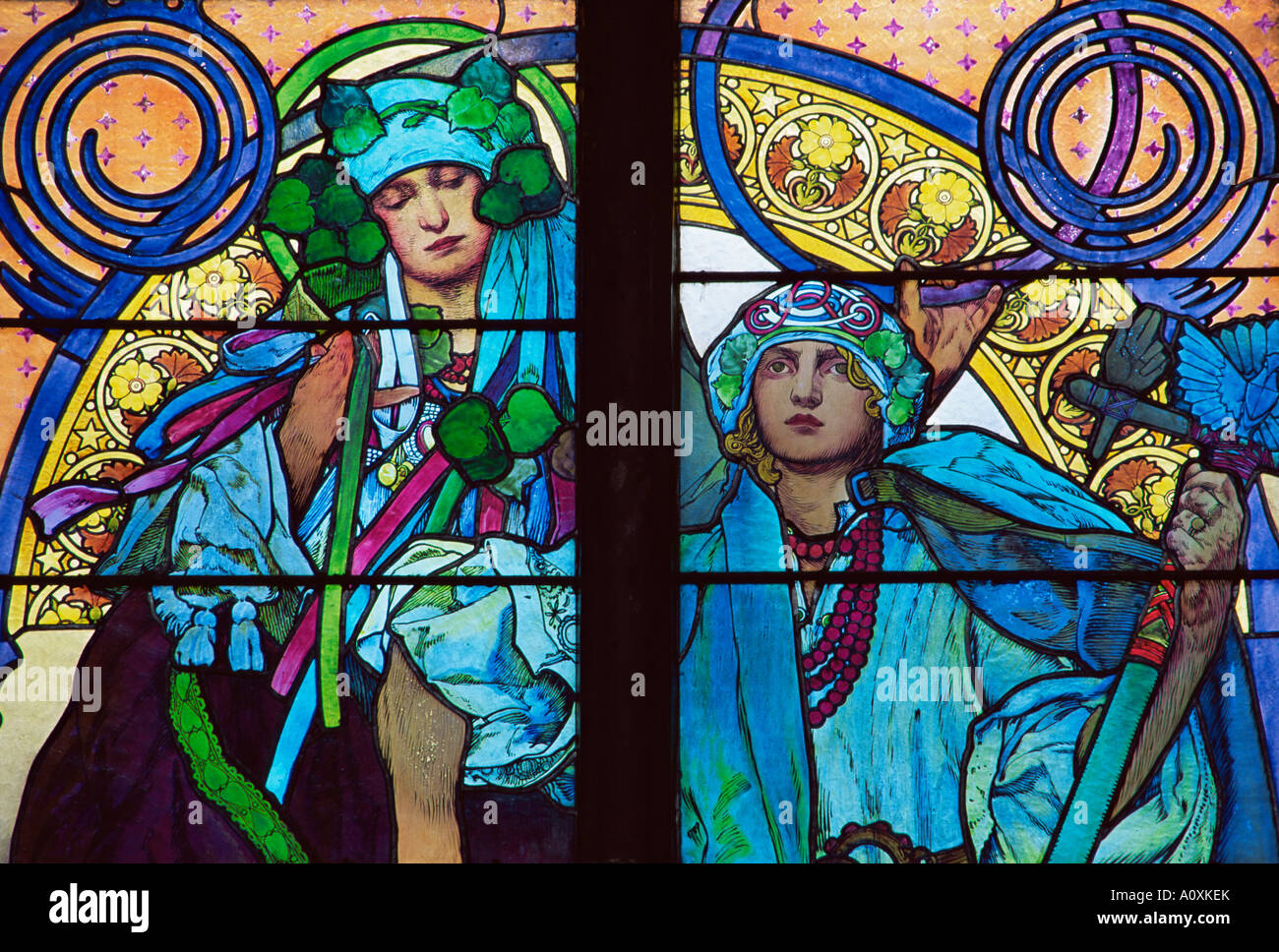 Stained glass by Mucha St Vitus Cathedral Prague Czech Republic Europe