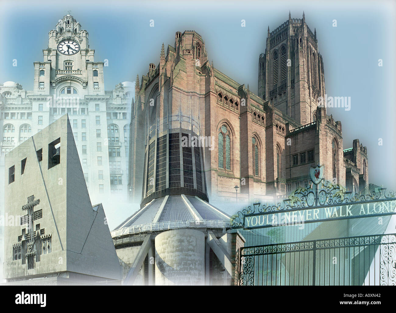 Liverpool Anglican and Metropolitan Cathedral and Liver Building and Shankly gates bearing the words youll never walk alone Stock Photo