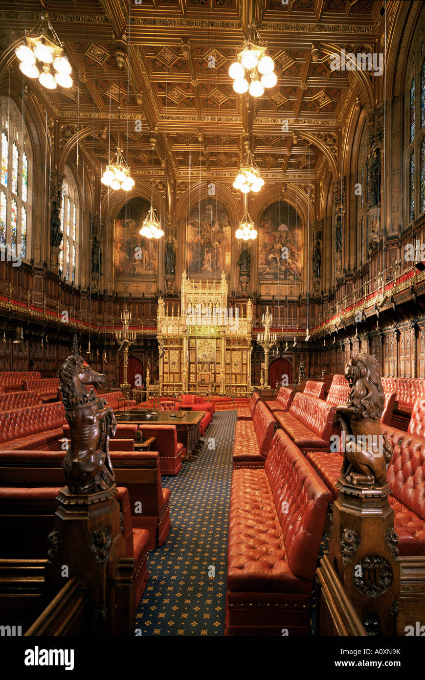 The Lords Chamber House of Lords Houses of Parliament Westminster London England United Kingdom Europe Stock Photo