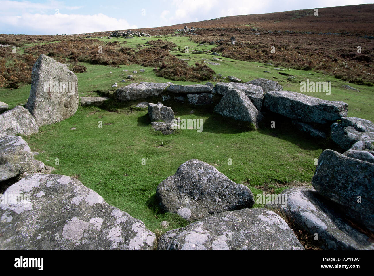 Hut foundations Grimspound enclosure Dartmoor Devon England United