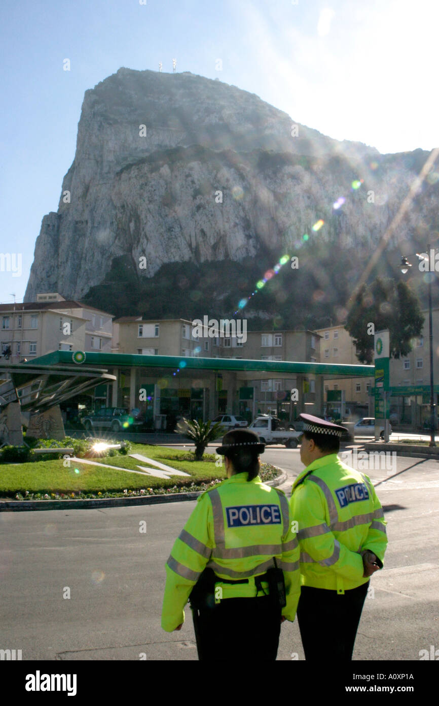 Two British police in front of Rock Of Gibraltar near site of IRA suspects shooting dead or assassination 1988 Stock Photo