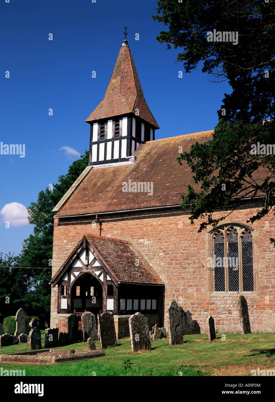 Timber framed church spire St Michael All Saints church Castle Frome