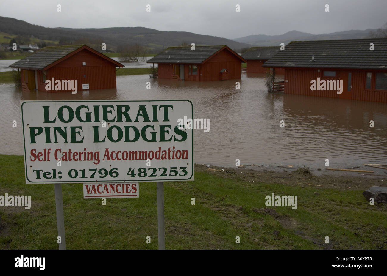 Holiday village flooded  Logierait, Perthshire, Scotland Stock Photo