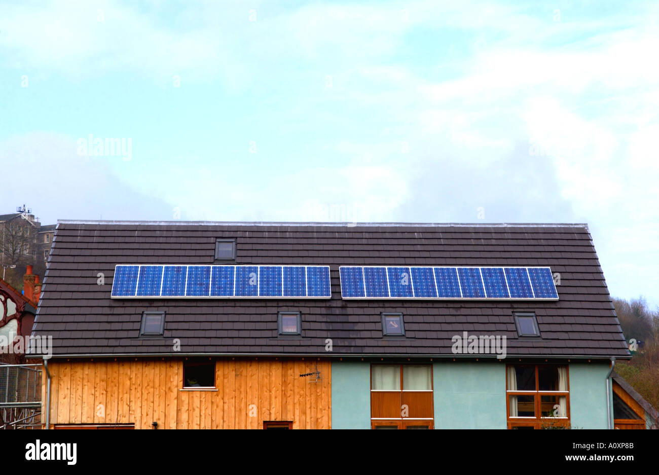 Self build ECO homes with solar panels on roof under construction at the Ashley Vale site in Bristol England UK Stock Photo