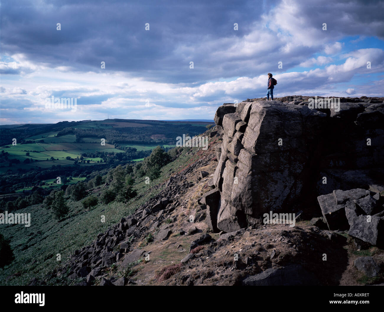 Walker on high rocks Froggatt Edge Derbyshire England United Kingdom ...