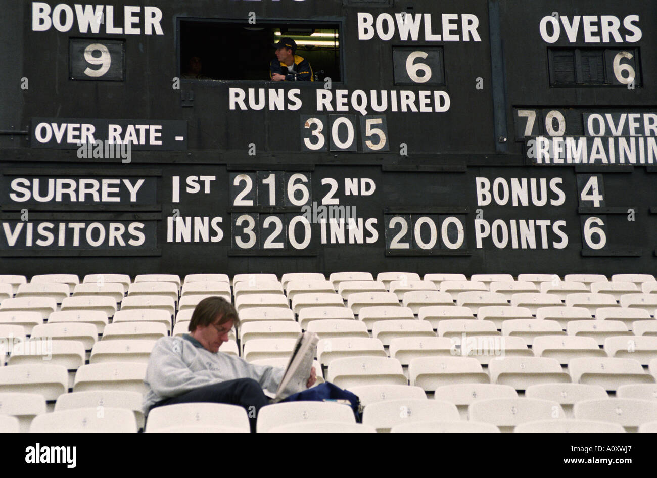 UK ENGLAND LONDON Spectator reading newspaper at a County Cricket match held at The Oval. Empty seats all around Stock Photo