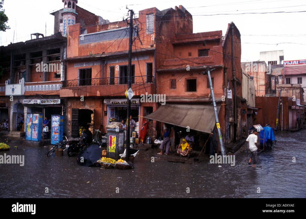 Indian monsoon season in May/June with flash floods seen here in Jaipur Stock Photo