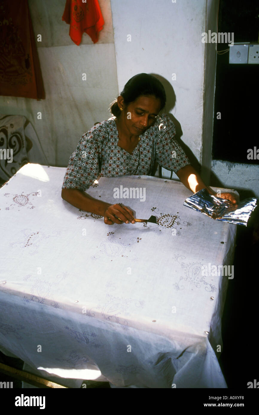 Female Working in a Batik Printing Factory, Sri Lanka Stock Photo