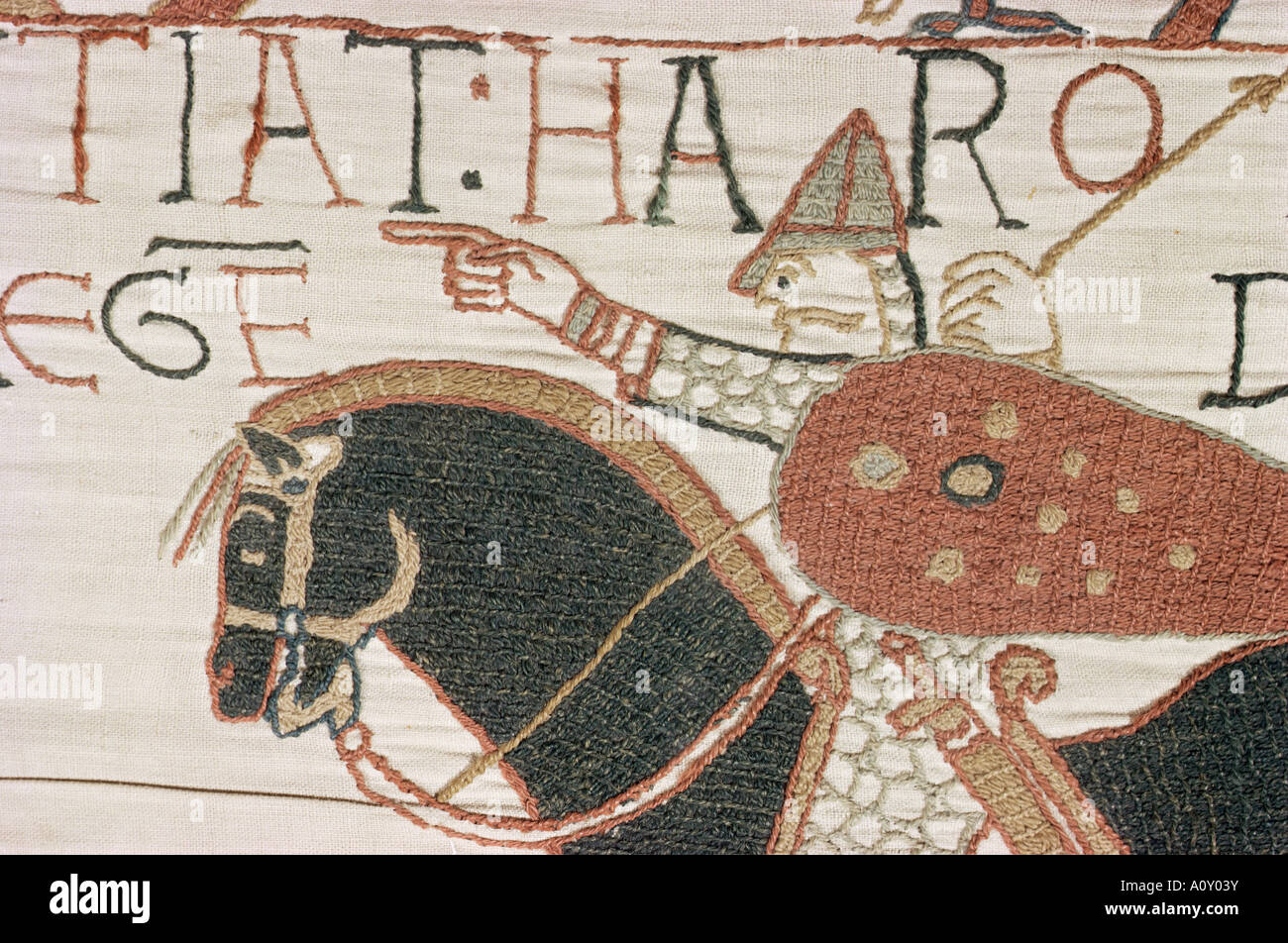 King Harold arriving from North to confront William Bayeux Tapestry Normandy France Europe Stock Photo