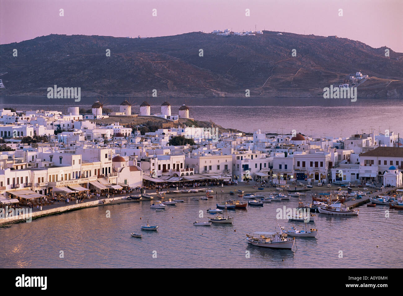 Elevated city view Mykonos Hora Cyclades Greece Europe Stock Photo