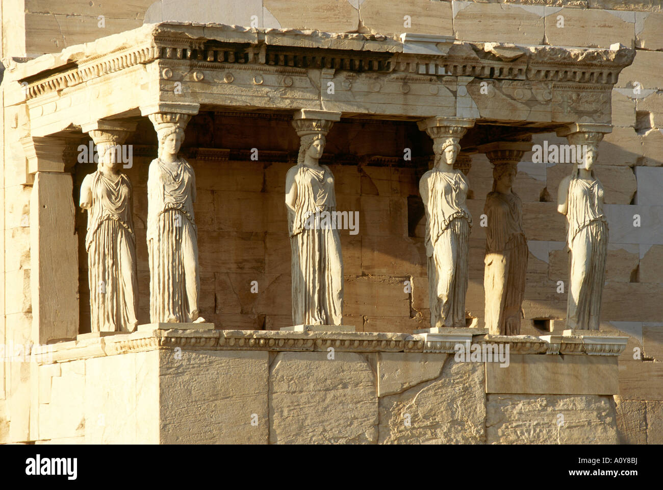 A section of the Porch of the Caryatids at the Erechtheion in the Acropolis at Athens with six maidens supporting the roof Stock Photo
