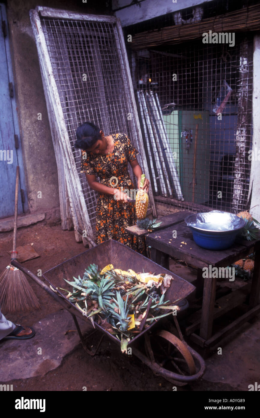 An adult female cutting pineapples at a shanty store in Sri Lanka Stock Photo