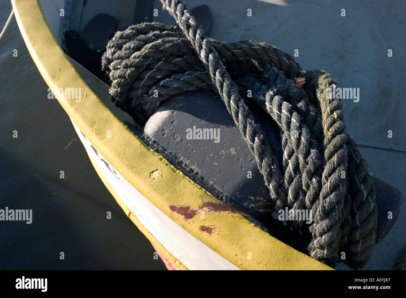 cord on wooden boat Stock Photo