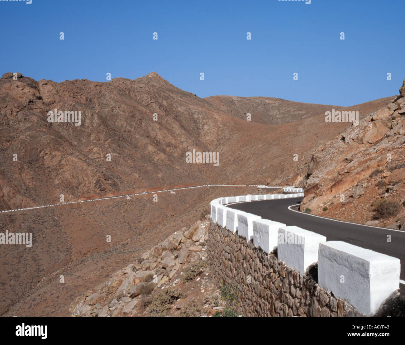 Winding road in the Volcanic Betancuria mountains, Fuerteventura, Canary Islands, Spain, EU. Stock Photo