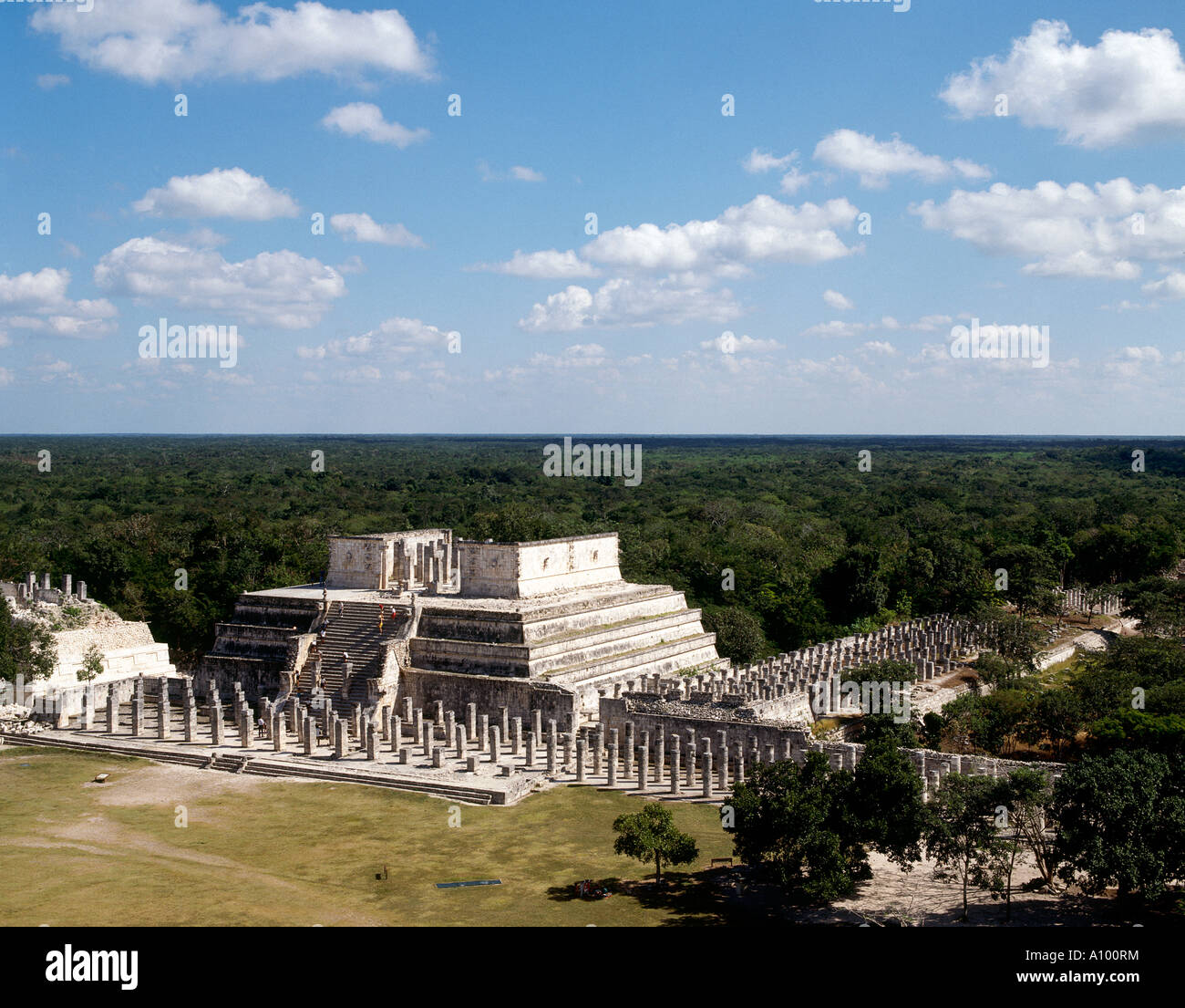 Looking towards the Group of the Thousand Columns around the Temple of Warriors at the archaeological site of Chichen Itza Stock Photo