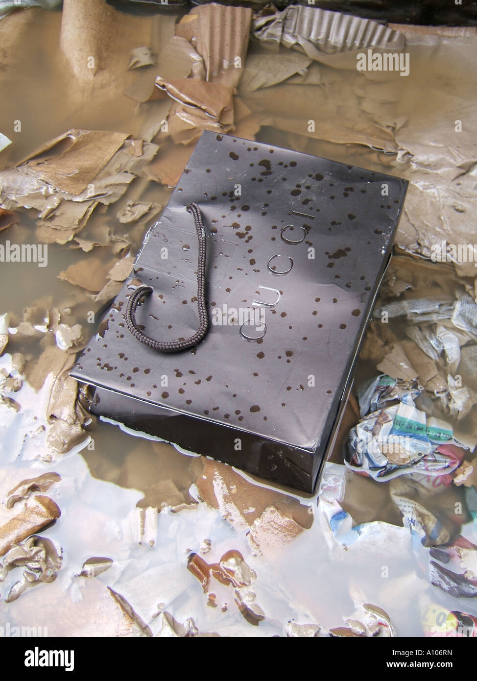 gucci shopping bag in pool of dirty water Stock Photo - Alamy