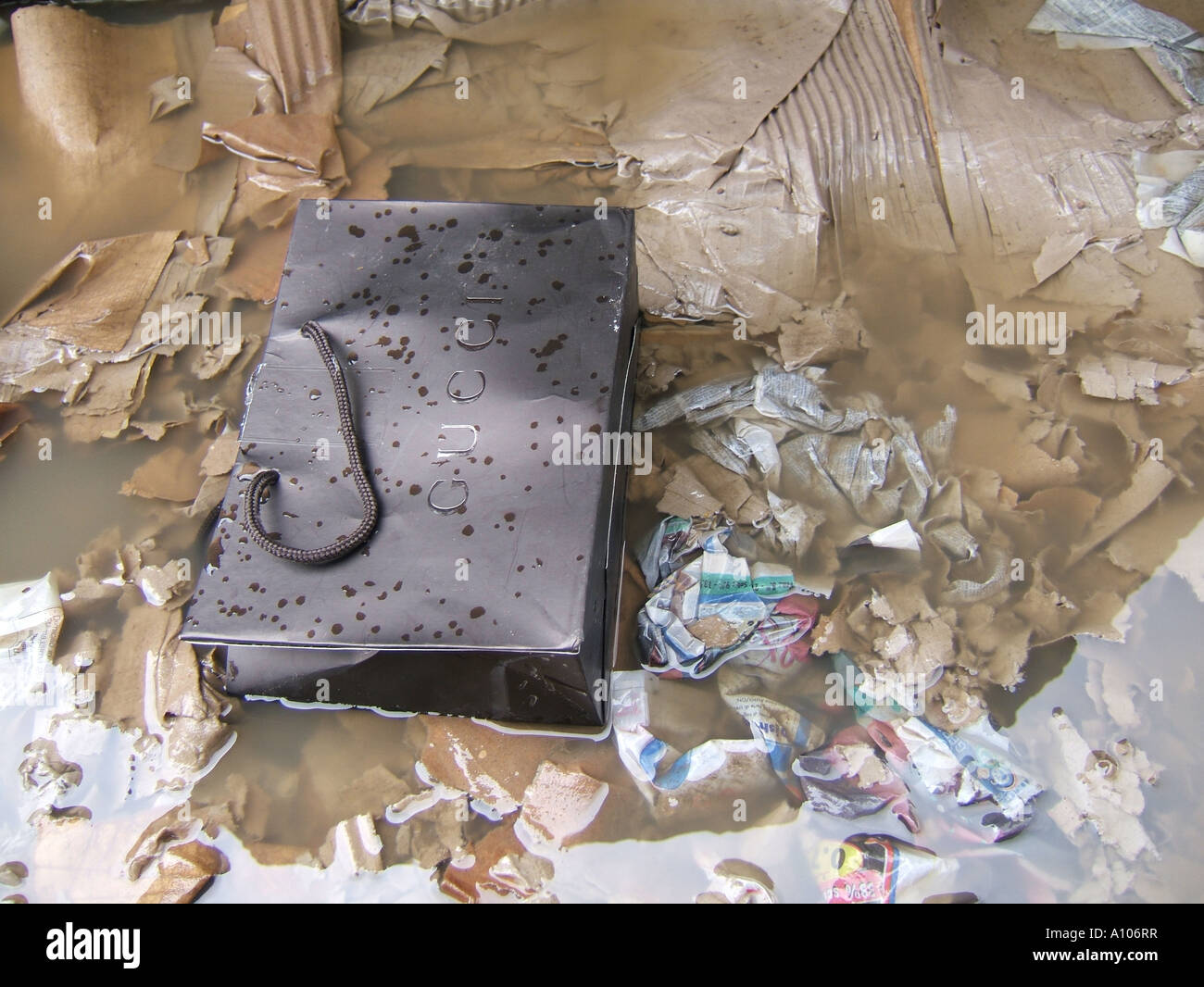 gucci shopping bag in pool of dirty water Stock Photo - Alamy
