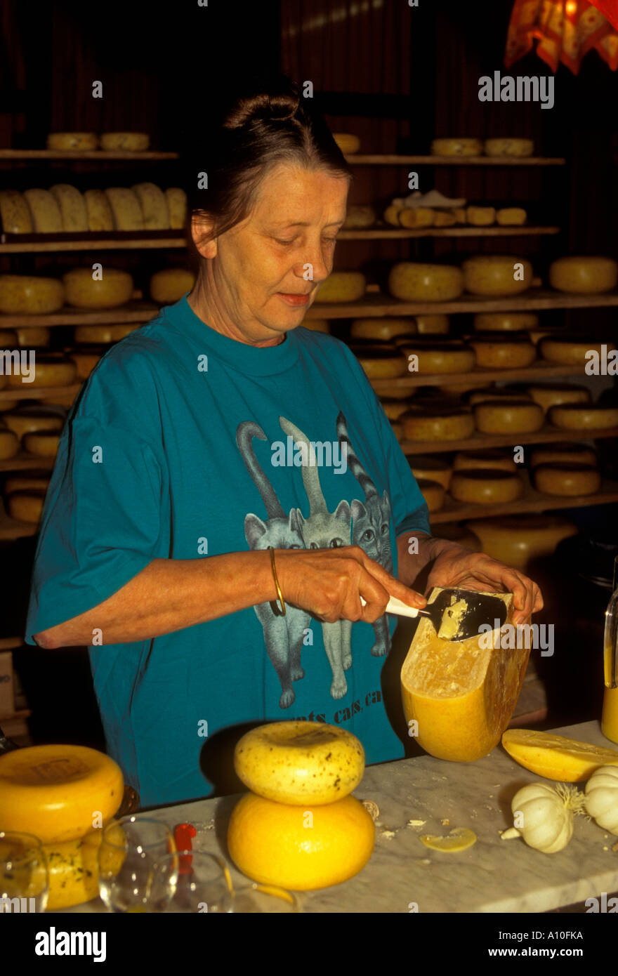 Dutch woman, cutting cheese, Clara Maria Cheese Farm and Clog Factory, Amstelveen, Holland, Netherlands, Europe Stock Photo