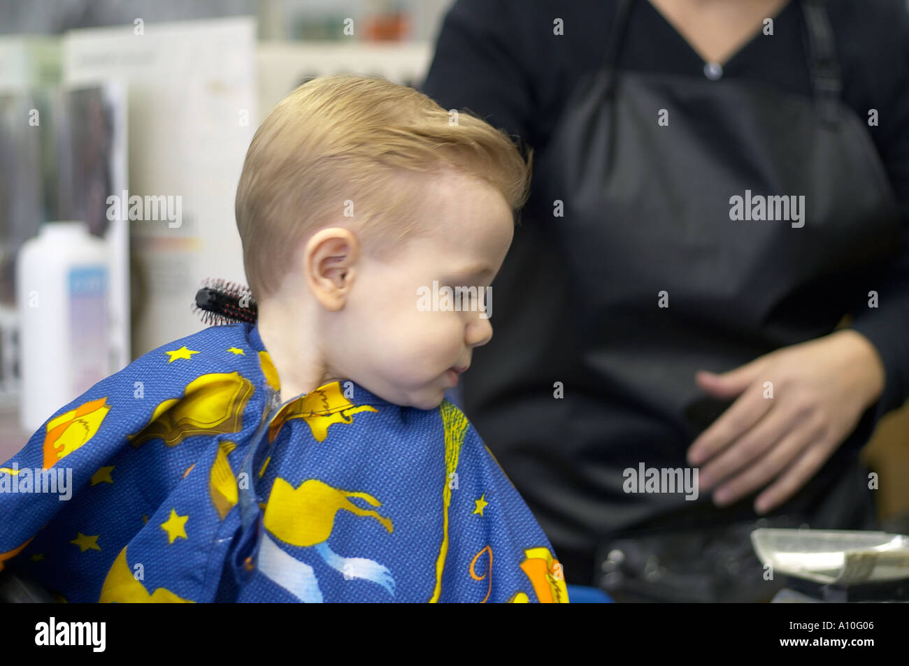 One Year Old Boy Sits In Barber Stool For First Haircut Model