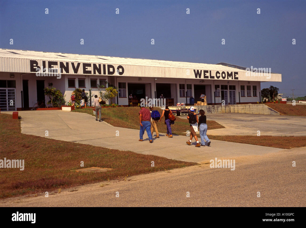 tourists, passengers, arriving, Santa Elena International Airport, Santa Elena, El Peten Department, Guatemala, Central America Stock Photo